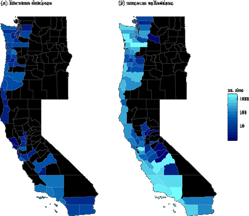 Figure showing the 23-fold increase in known documented fossil sites of Cenozoic invertebrates from the US Pacific coast due to digitisation in 9 institutions under the EPICC TCN grant (Marshall et al. 2018). Digitisation contributes significantly to biodiversity research by reducing sampling bias and by providing abundant new information on species distributions.