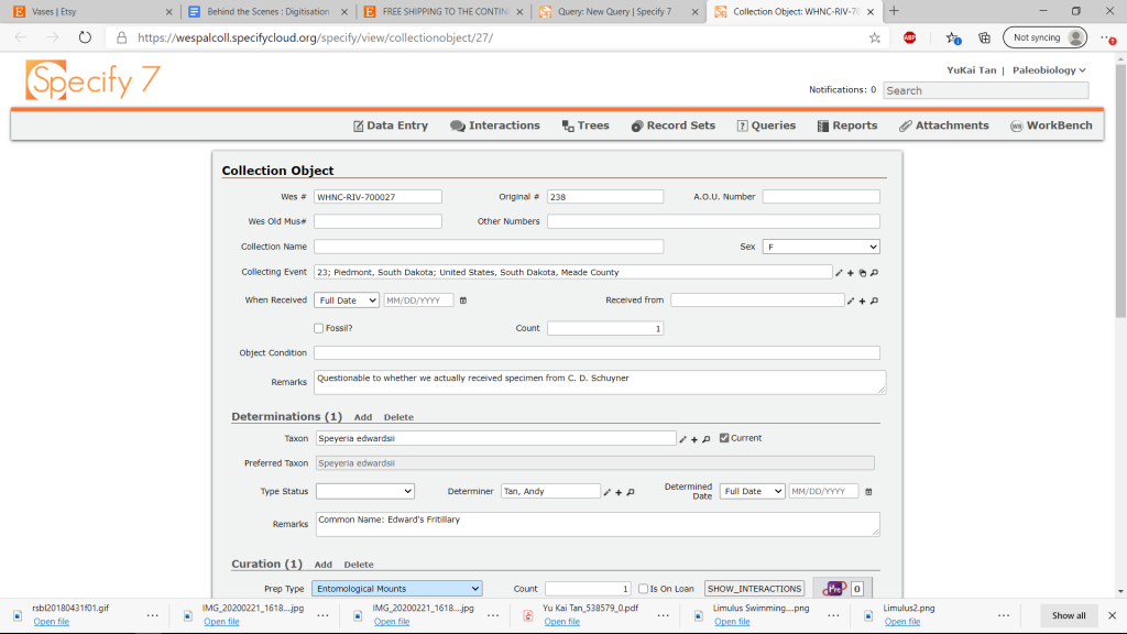 A screenshot of the table on Specify where a specimen is being entered, showing the multitude of fields and commands that allow data to be linked in meaningful ways.